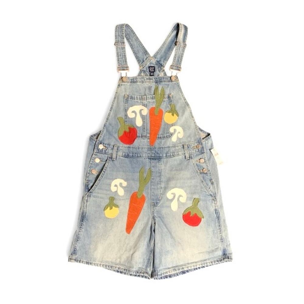 Custom Upcycled Veggie Patchwork Denim Overalls Light Wash Size M NWT